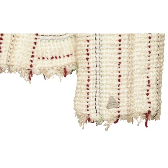 CHANEL Striped Tweed Jacket Blazer Ivory Cropped 3/4 Sleeve Chain Sz XS VINTAGE - Picture 5 of 9